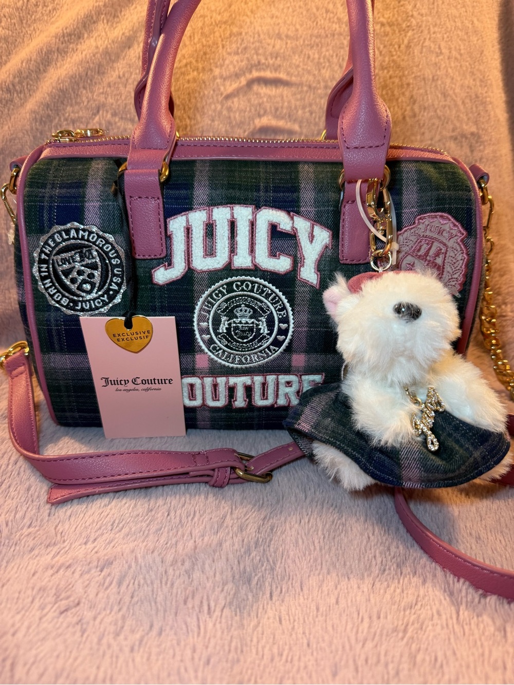 🦩 Juicy Couture Pink Plaid Varsity Satchel Handbag with Plush Charm - Picture 3 of 11